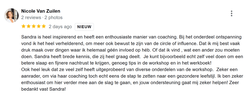 Coaching en Workshop review waarin Nicole vertelt over wat ze heeft geleerd tijdens de workshop.